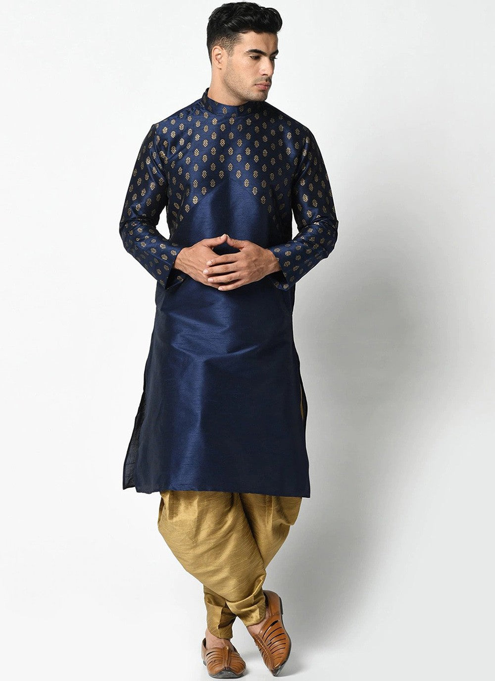 Weaving Zari Dupion Silk Navy Blue Dhoti Kurta - M2239