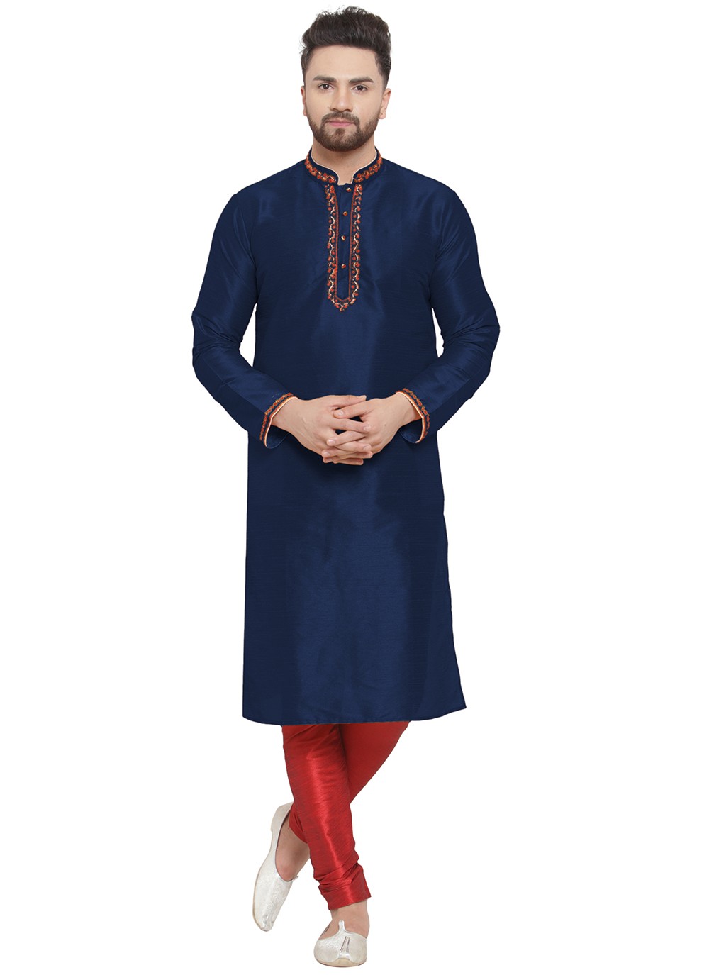 Embroidered Dupion Silk Navy Blue Kurta Pyjama - M7307