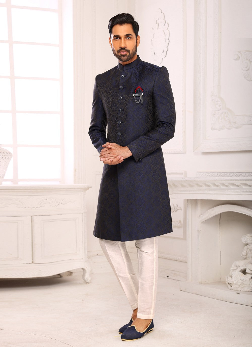 Jacquard Work Imported Navy Blue Indo Western Sherwani - M4005