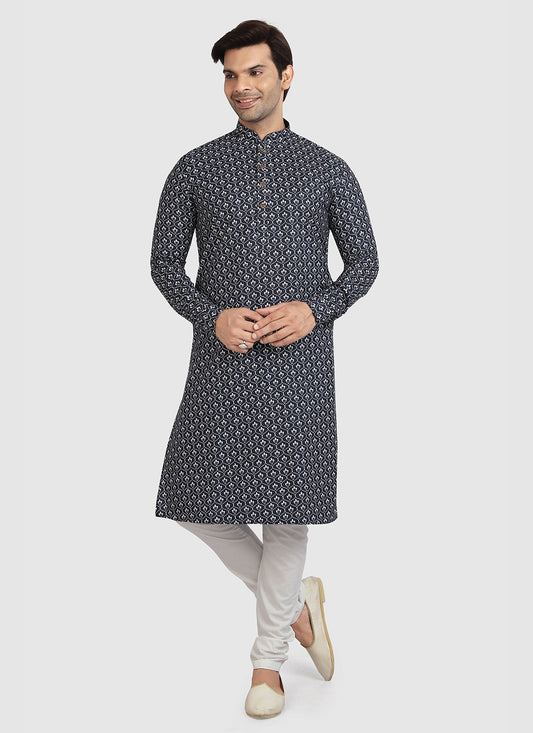 Printed Cotton Navy Blue Kurta Pyjama - M2713