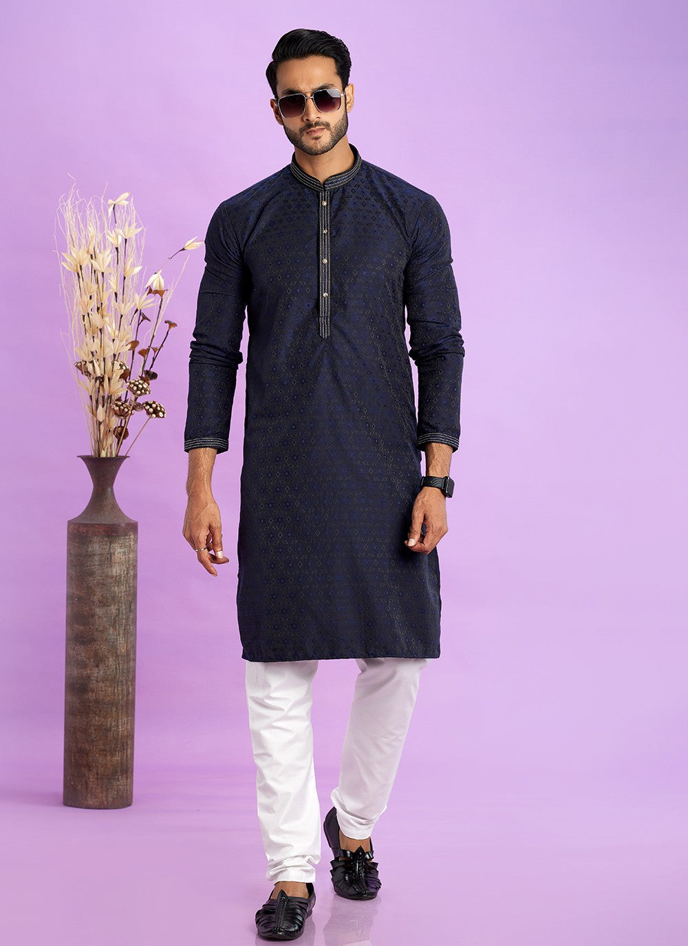 Fancy Work Jacquard Silk Navy Blue Kurta Pyjama - M6926