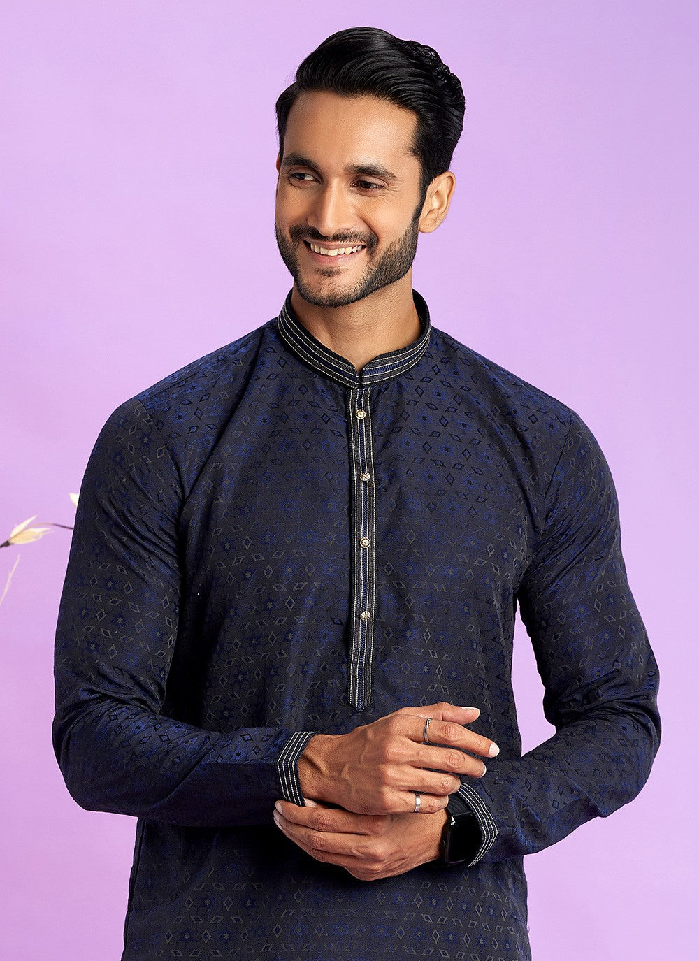 Fancy Work Jacquard Silk Navy Blue Kurta Pyjama - M6926