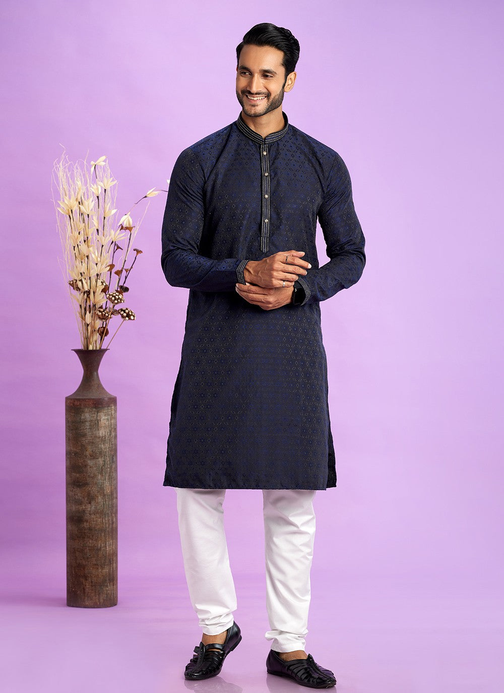 Fancy Work Jacquard Silk Navy Blue Kurta Pyjama - M6926