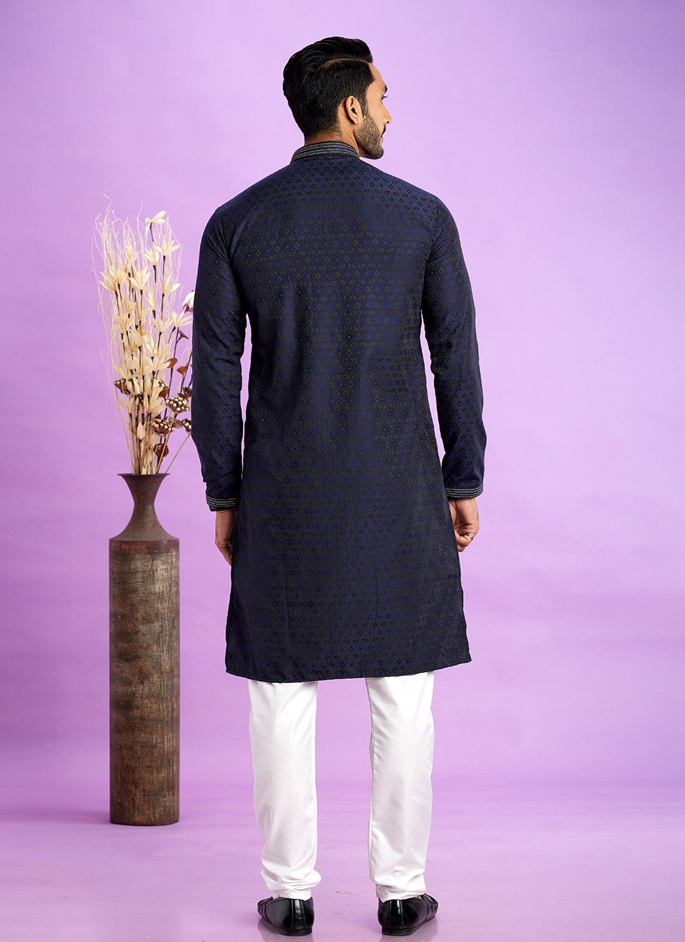 Fancy Work Jacquard Silk Navy Blue Kurta Pyjama - M6926