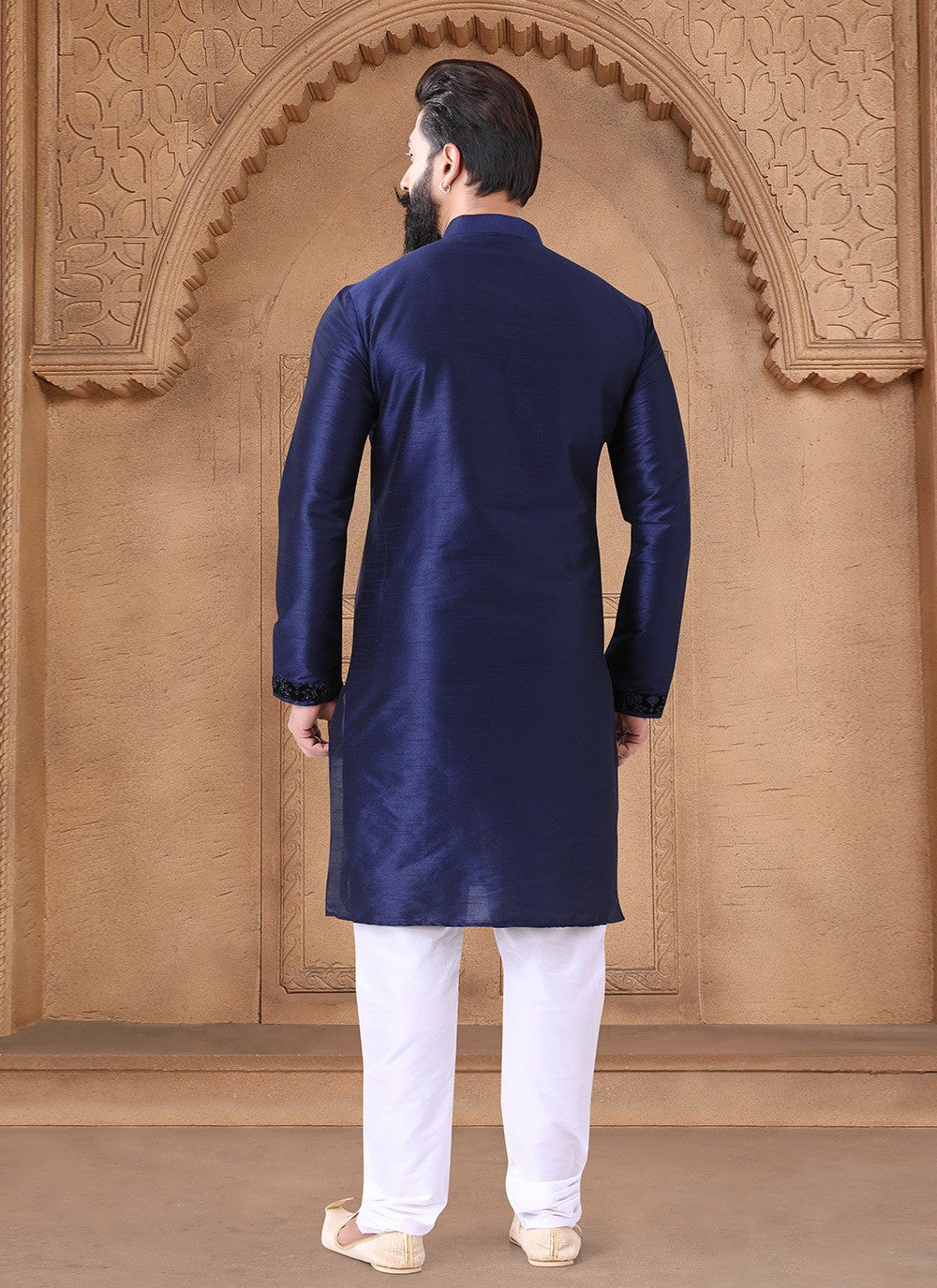 Fancy Work Silk Navy Blue Kurta Pyjama - M7620