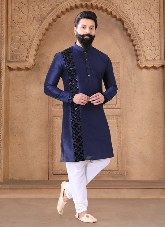 Fancy Work Silk Navy Blue Kurta Pyjama - M7620