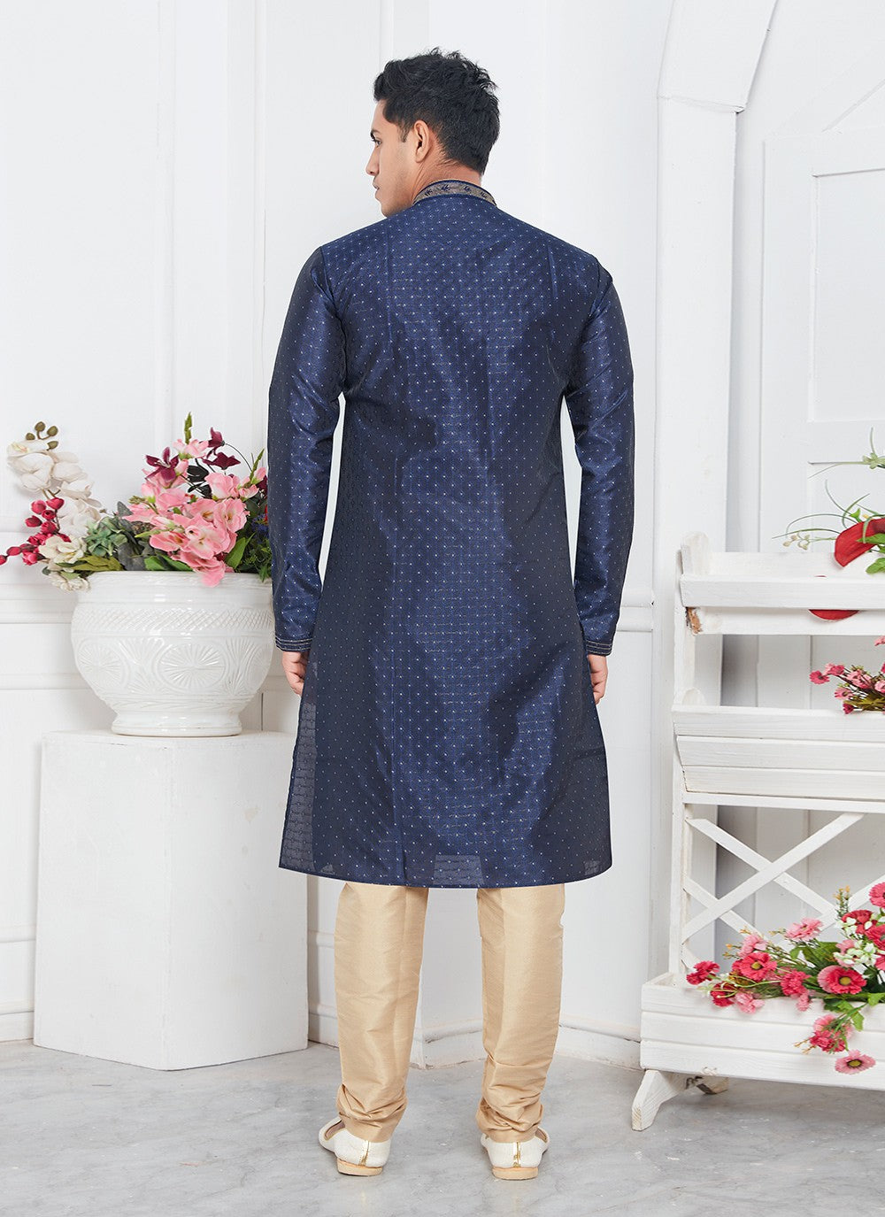 Pintex Brocade, Jacquard Silk Navy Blue Kurta Pyjama - M7770