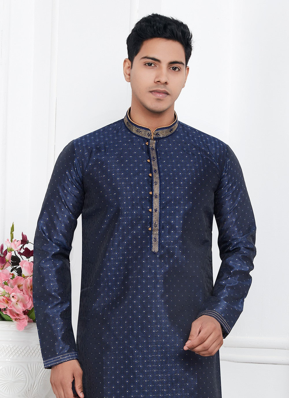 Pintex Brocade, Jacquard Silk Navy Blue Kurta Pyjama - M7770