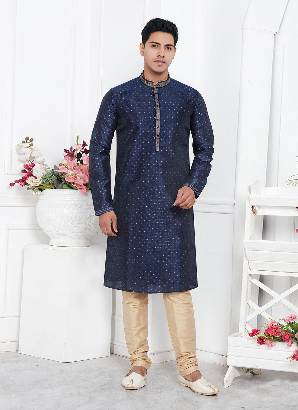 Pintex Brocade, Jacquard Silk Navy Blue Kurta Pyjama - M7770