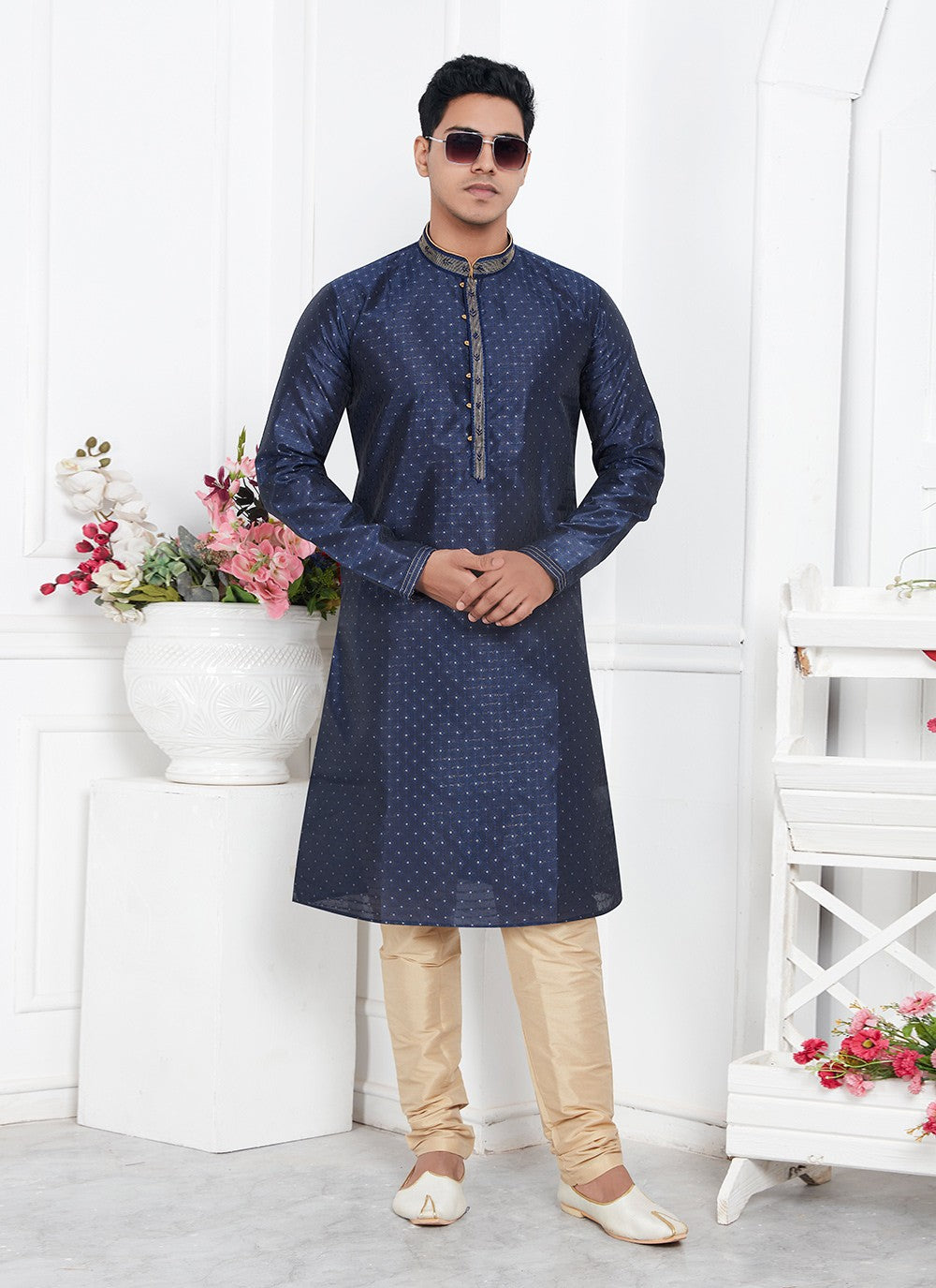 Pintex Brocade, Jacquard Silk Navy Blue Kurta Pyjama - M7770