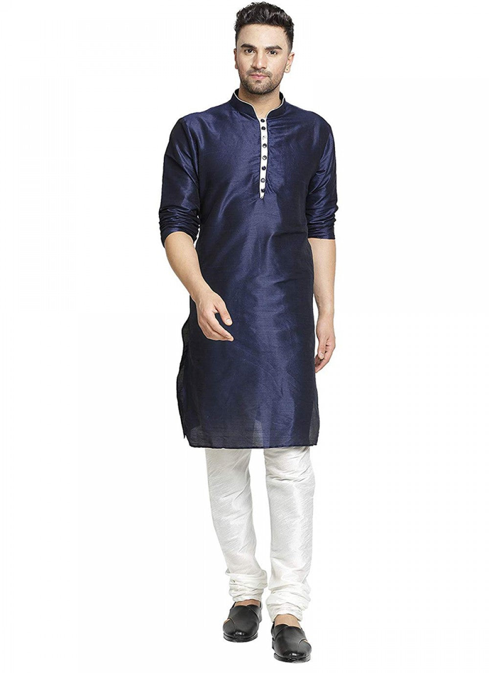 Plain Art Dupion Silk Navy Blue Kurta Pyjama - M1307