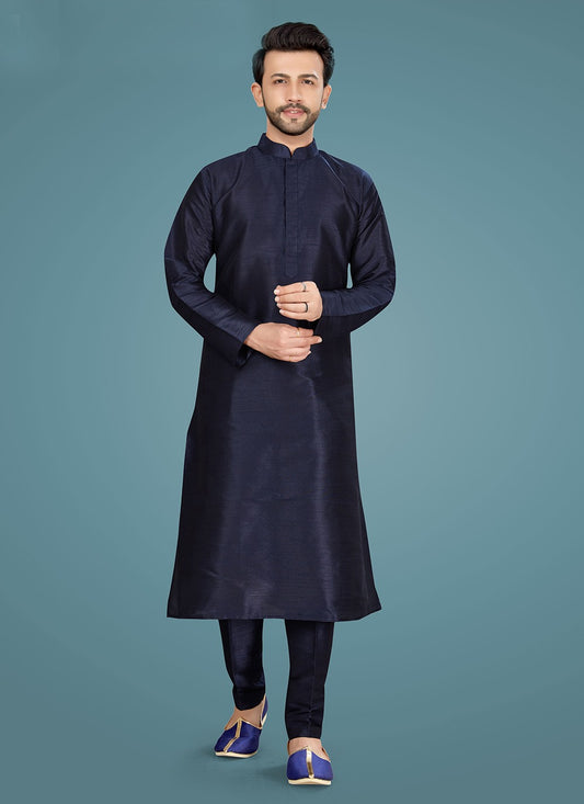 Plain Art Silk Navy Blue Kurta Pyjama - M2033