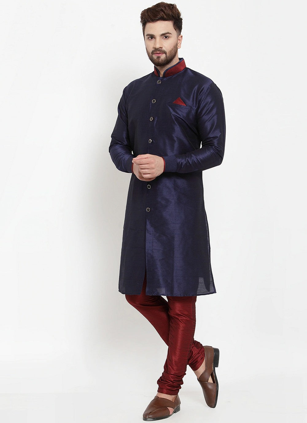 Plain Banarasi Silk Navy Blue Kurta Pyjama - M2459