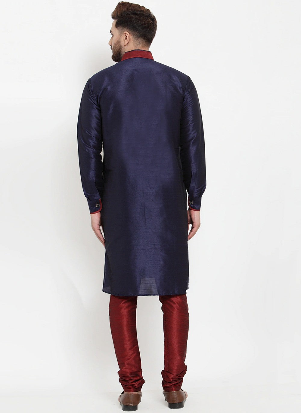 Plain Banarasi Silk Navy Blue Kurta Pyjama - M2459