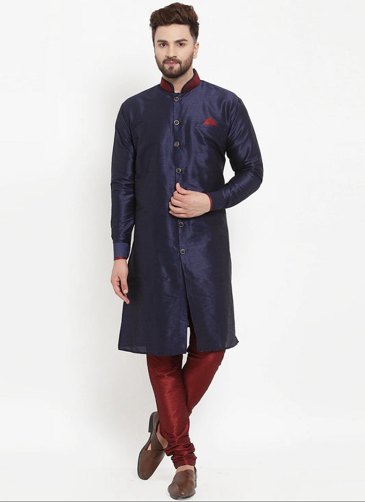 Plain Banarasi Silk Navy Blue Kurta Pyjama - M2459