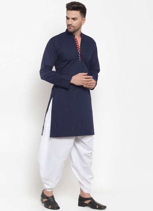 Plain Blended Cotton Navy Blue Dhoti Kurta - M4465