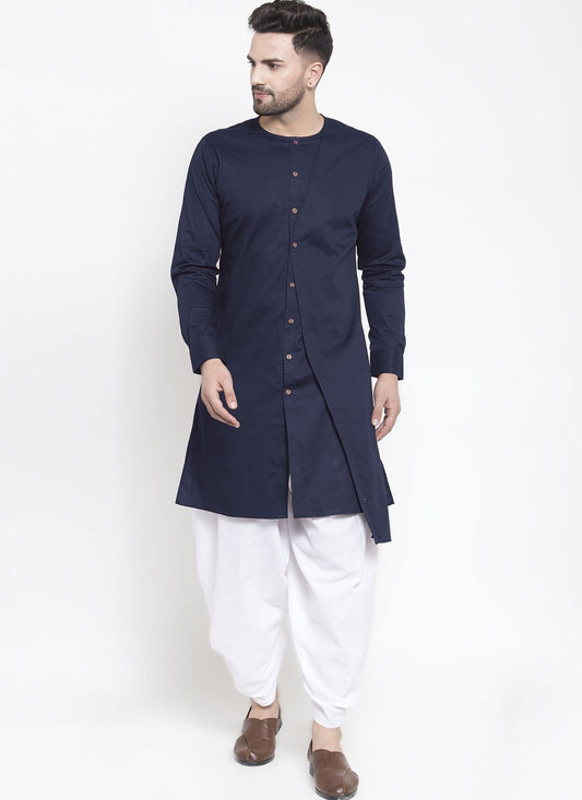 Plain Blended Cotton Navy Blue Dhoti Kurta - M4474