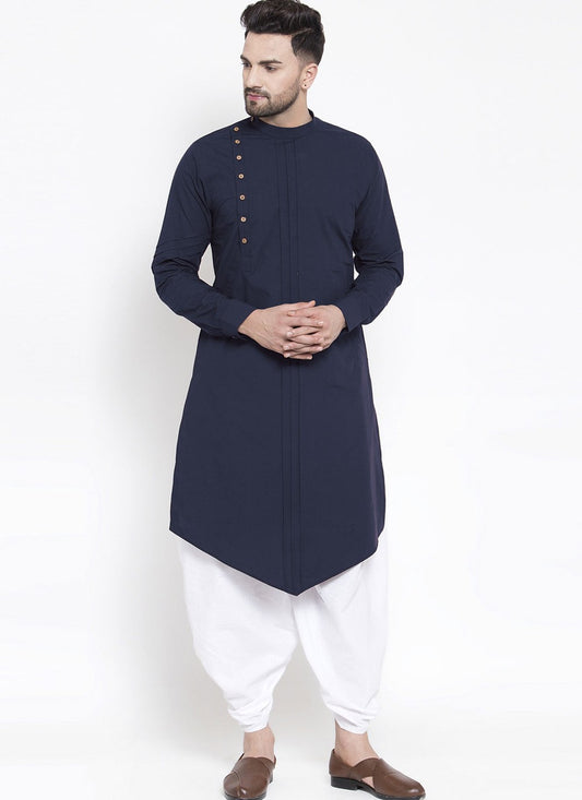 Plain Blended Cotton Navy Blue Dhoti Kurta - M4486