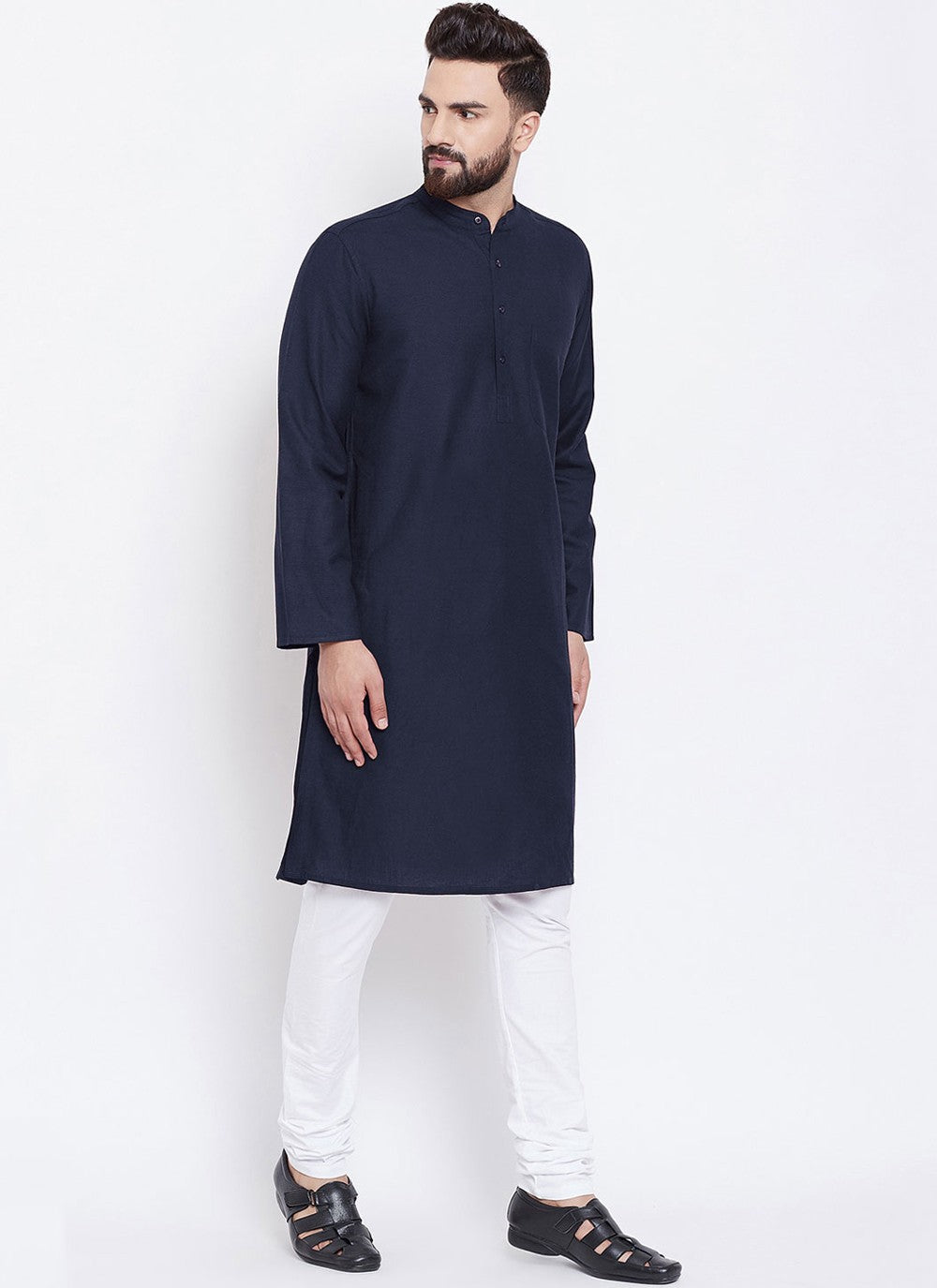 Plain Blended Cotton Navy Blue Kurta Pyjama - M4495