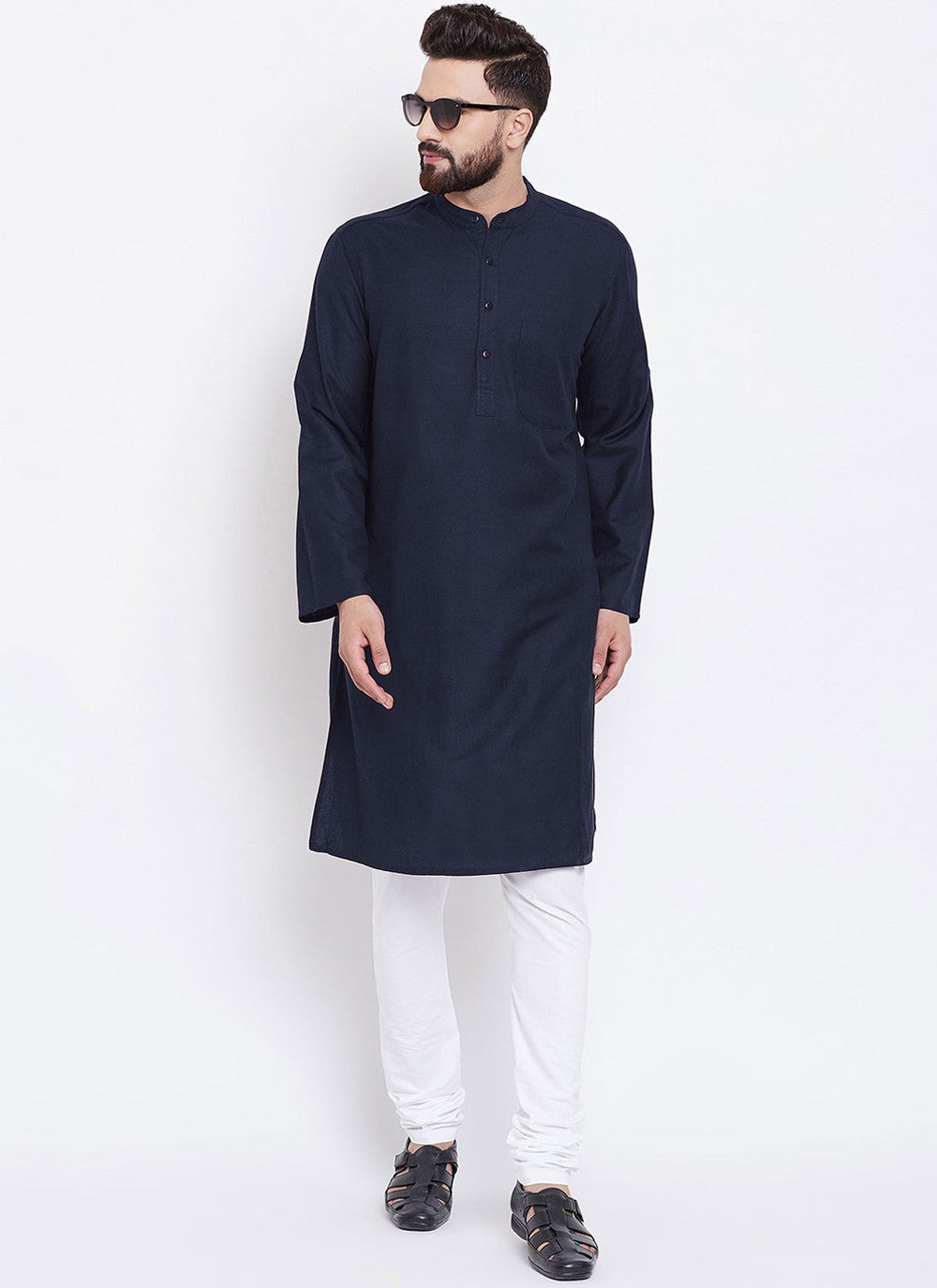 Plain Blended Cotton Navy Blue Kurta Pyjama - M4495