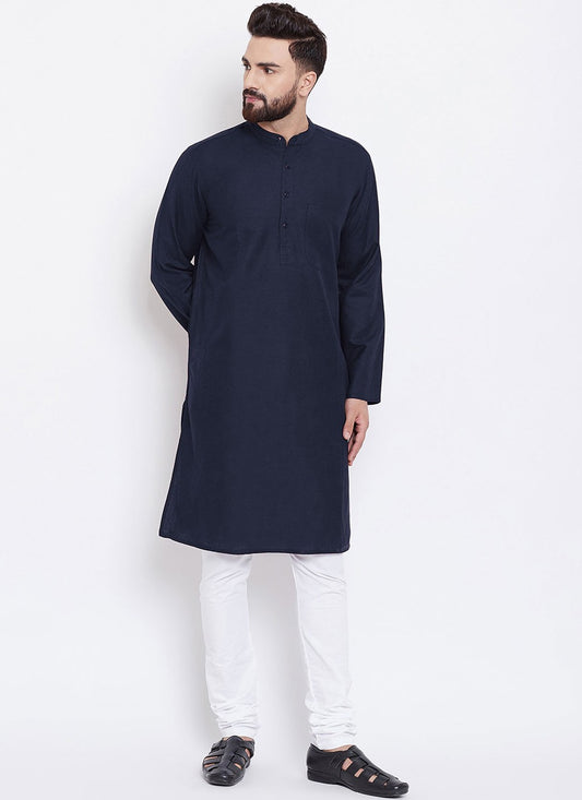 Plain Blended Cotton Navy Blue Kurta Pyjama - M4495