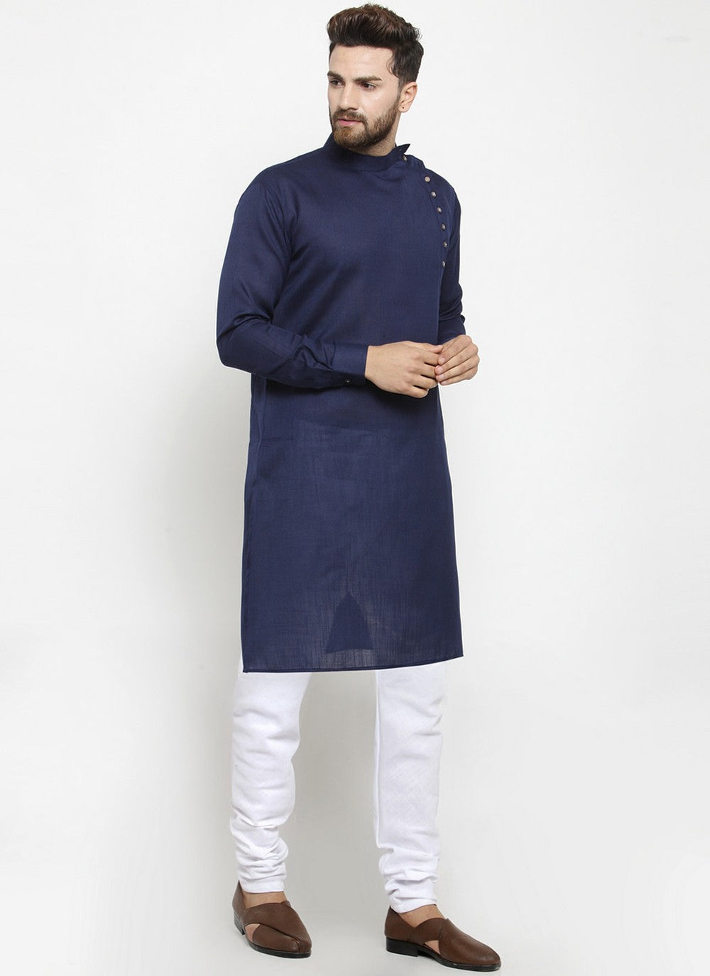 Plain Blended Cotton Navy Blue Kurta Pyjama - M1986