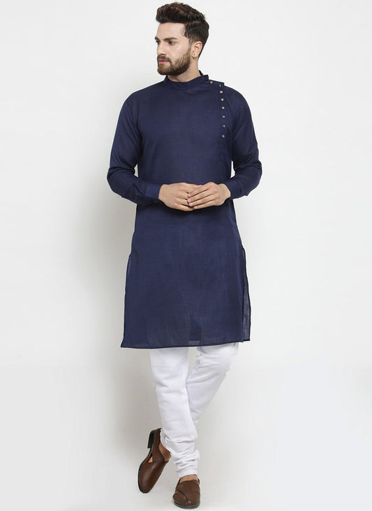 Plain Blended Cotton Navy Blue Kurta Pyjama - M1986