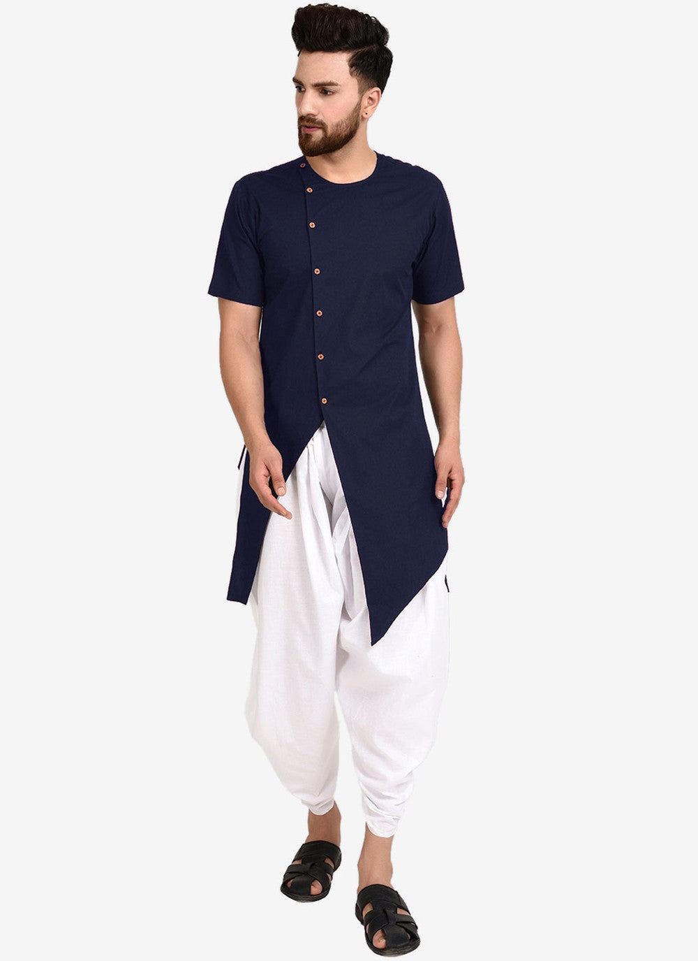 Plain Blended Cotton Navy Blue Indo Western - M4399