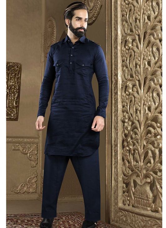 Plain Art Dupion Silk Navy Blue Kurta Pyjama - M1375