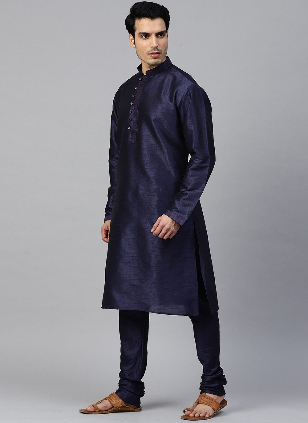 Plain Dupion Silk Navy Blue Kurta Pyjama - M2405