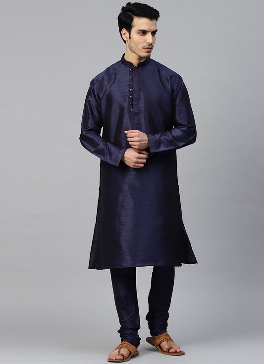 Plain Dupion Silk Navy Blue Kurta Pyjama - M2405