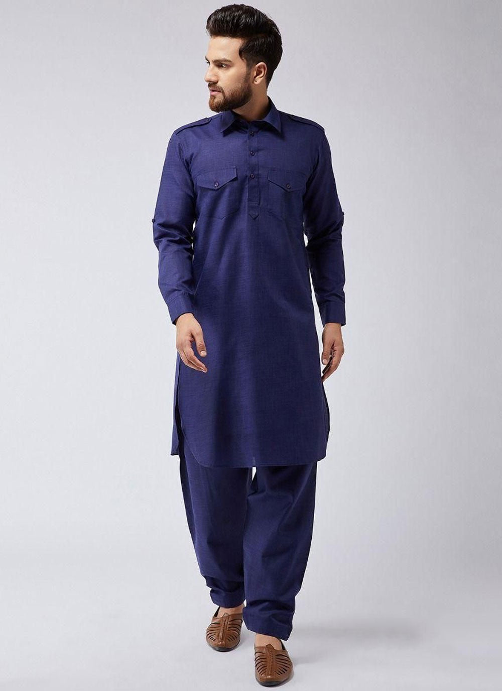 Plain Cotton Navy Blue Kurta Pyjama - M6876