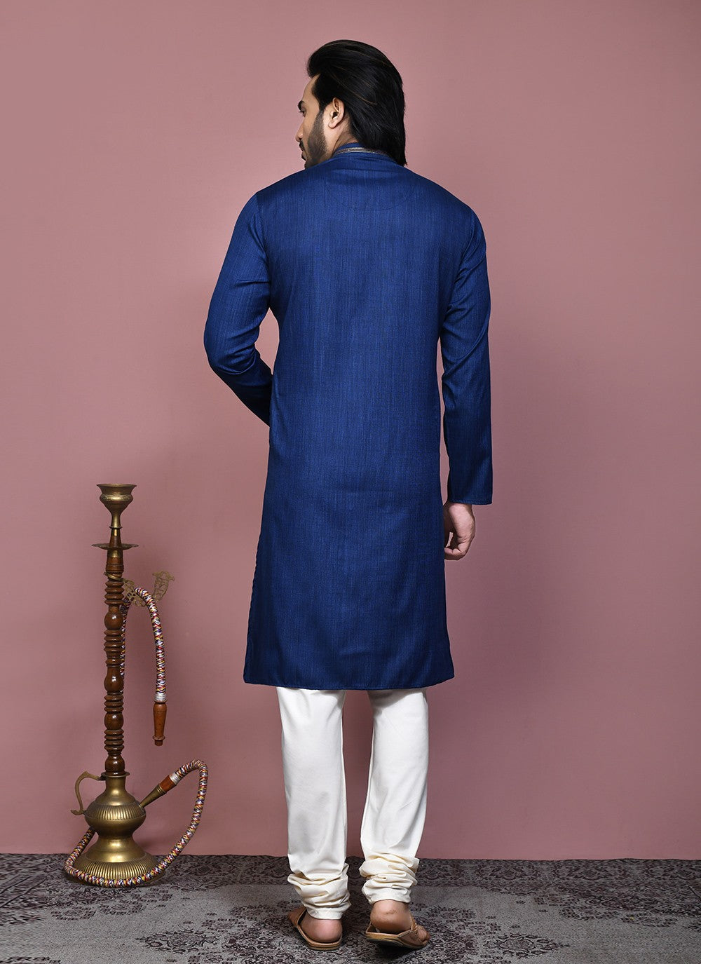 Plain Cotton Silk Navy Blue Kurta Pyjama - M7883