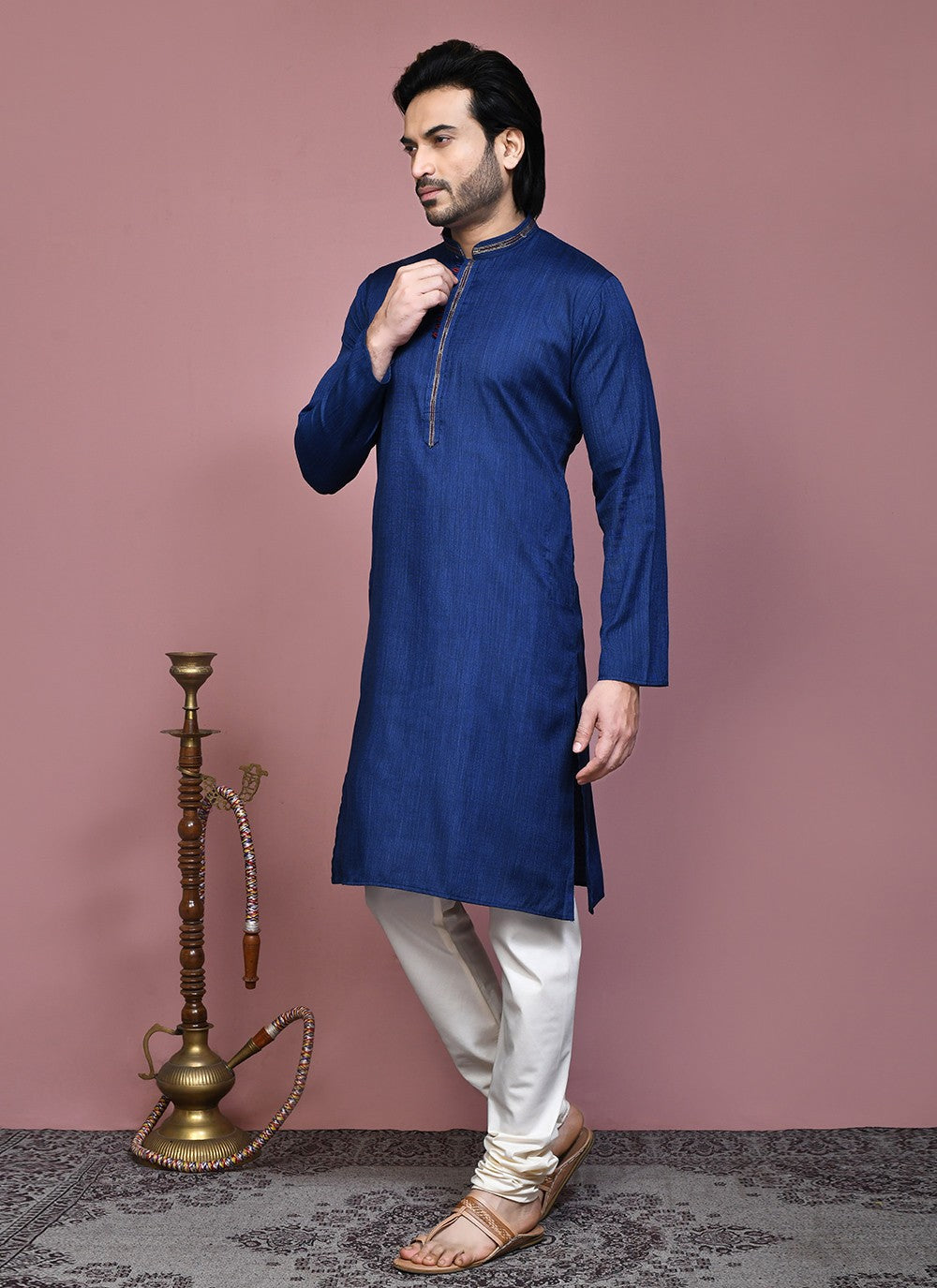 Plain Cotton Silk Navy Blue Kurta Pyjama - M7883