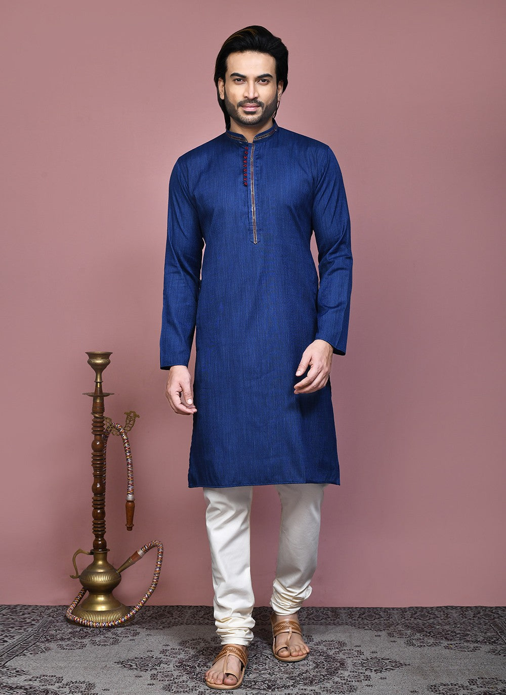 Plain Cotton Silk Navy Blue Kurta Pyjama - M7883