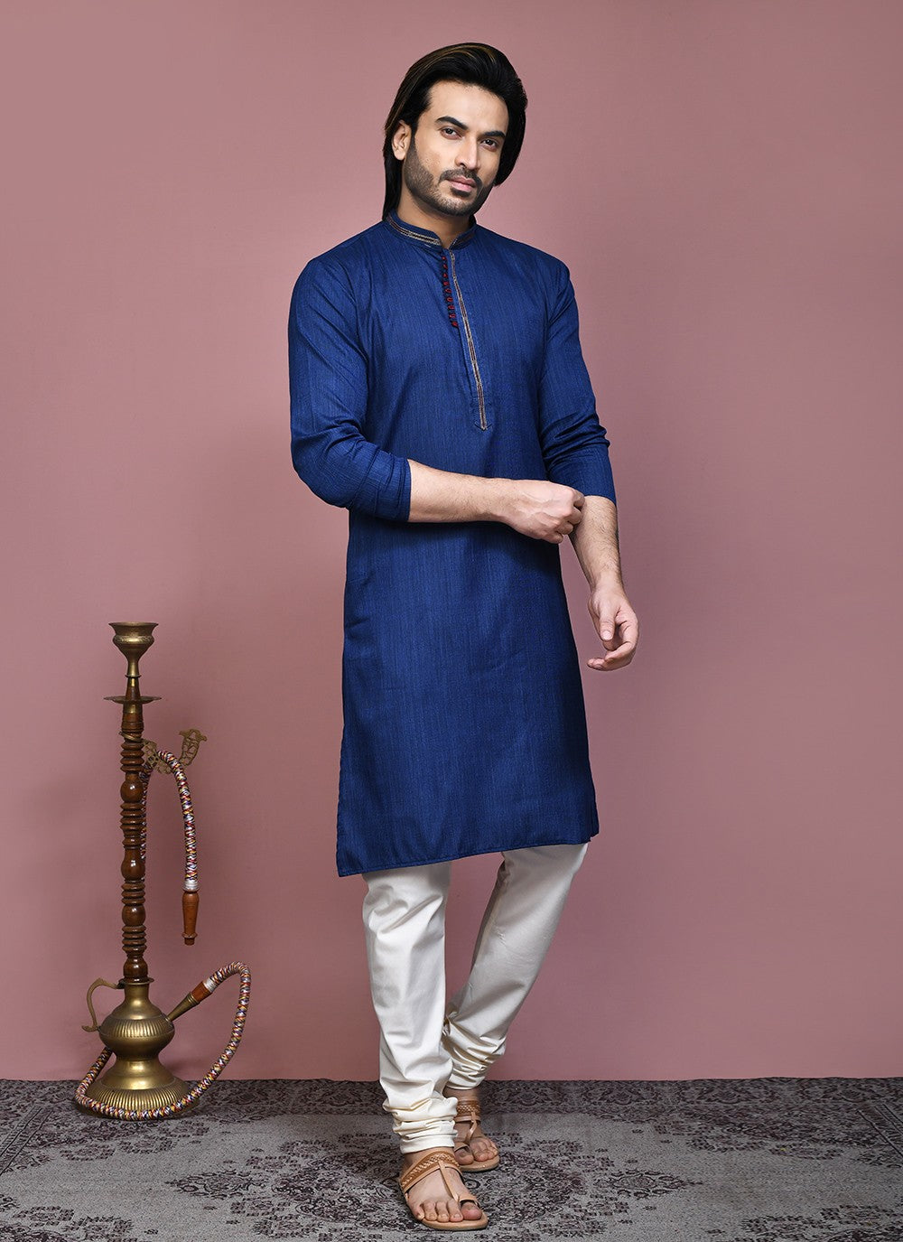 Plain Cotton Silk Navy Blue Kurta Pyjama - M7883