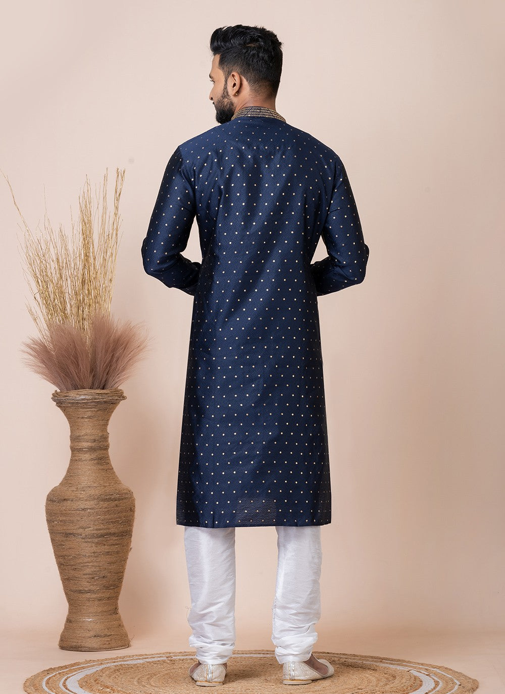 Printed Jacquard Silk Navy Blue Kurta Pyjama - M8554