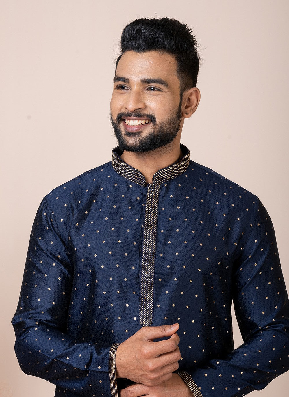 Printed Jacquard Silk Navy Blue Kurta Pyjama - M8554