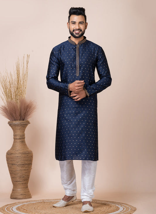 Printed Jacquard Silk Navy Blue Kurta Pyjama - M8554