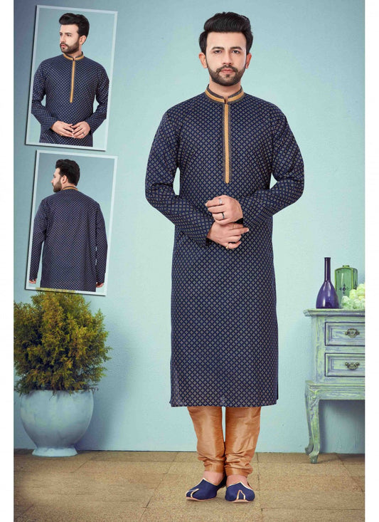 Printed Cotton Silk Navy Blue Kurta Pyjama - M1635