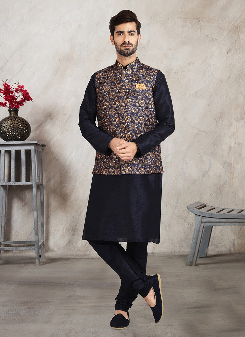 Printed Banarasi Silk Navy Blue Kurta Payjama With Jacket - M2721