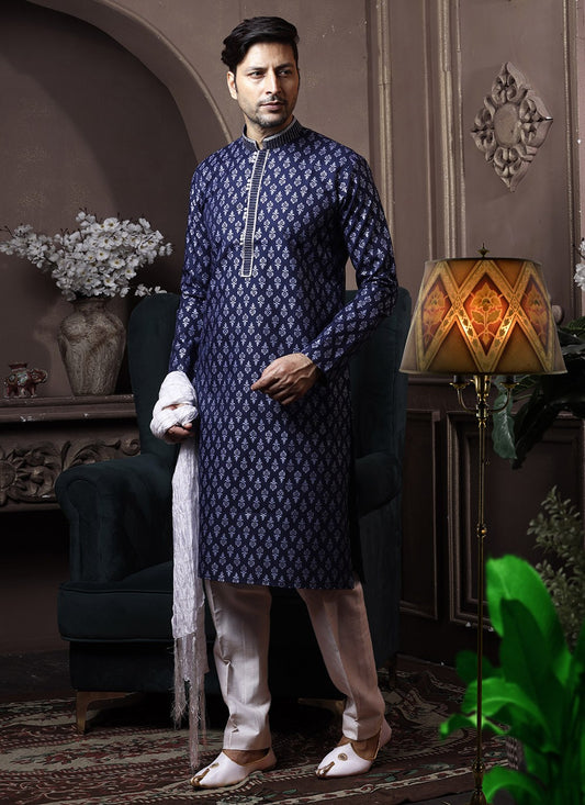 Printed Cotton Navy Blue Kurta Pyjama - M3602