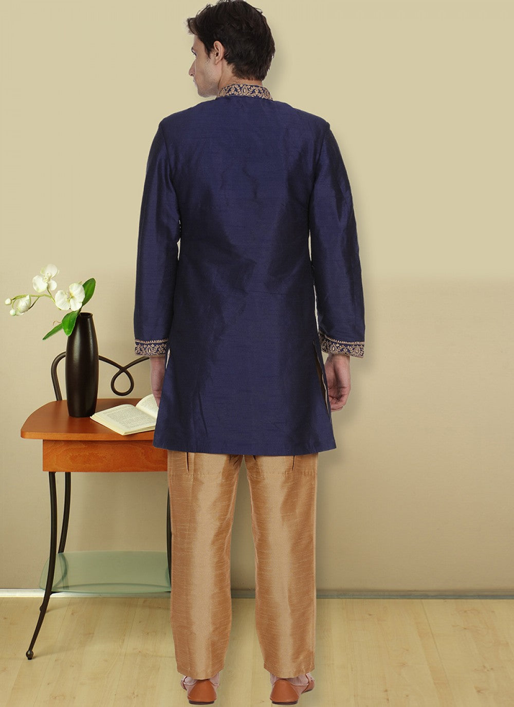 Printed Art Dupion Silk Navy Blue Kurta Payjama With Jacket - M1125