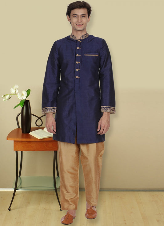 Printed Art Dupion Silk Navy Blue Kurta Payjama With Jacket - M1125