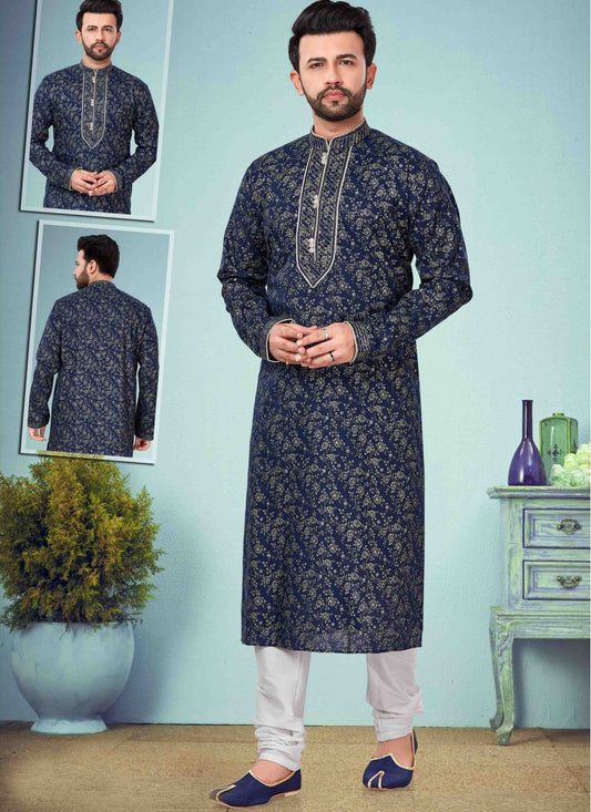 Printed Cotton Silk Navy Blue Kurta Pyjama - M1627