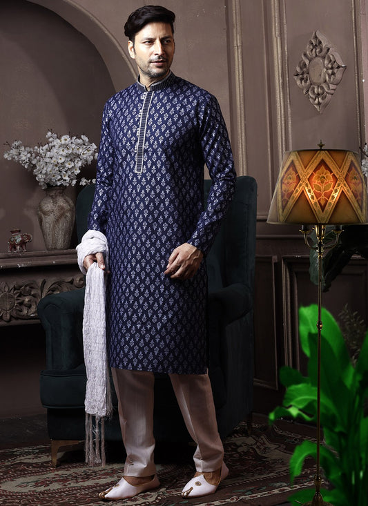 Printed Cotton Navy Blue Kurta Pyjama - M3604