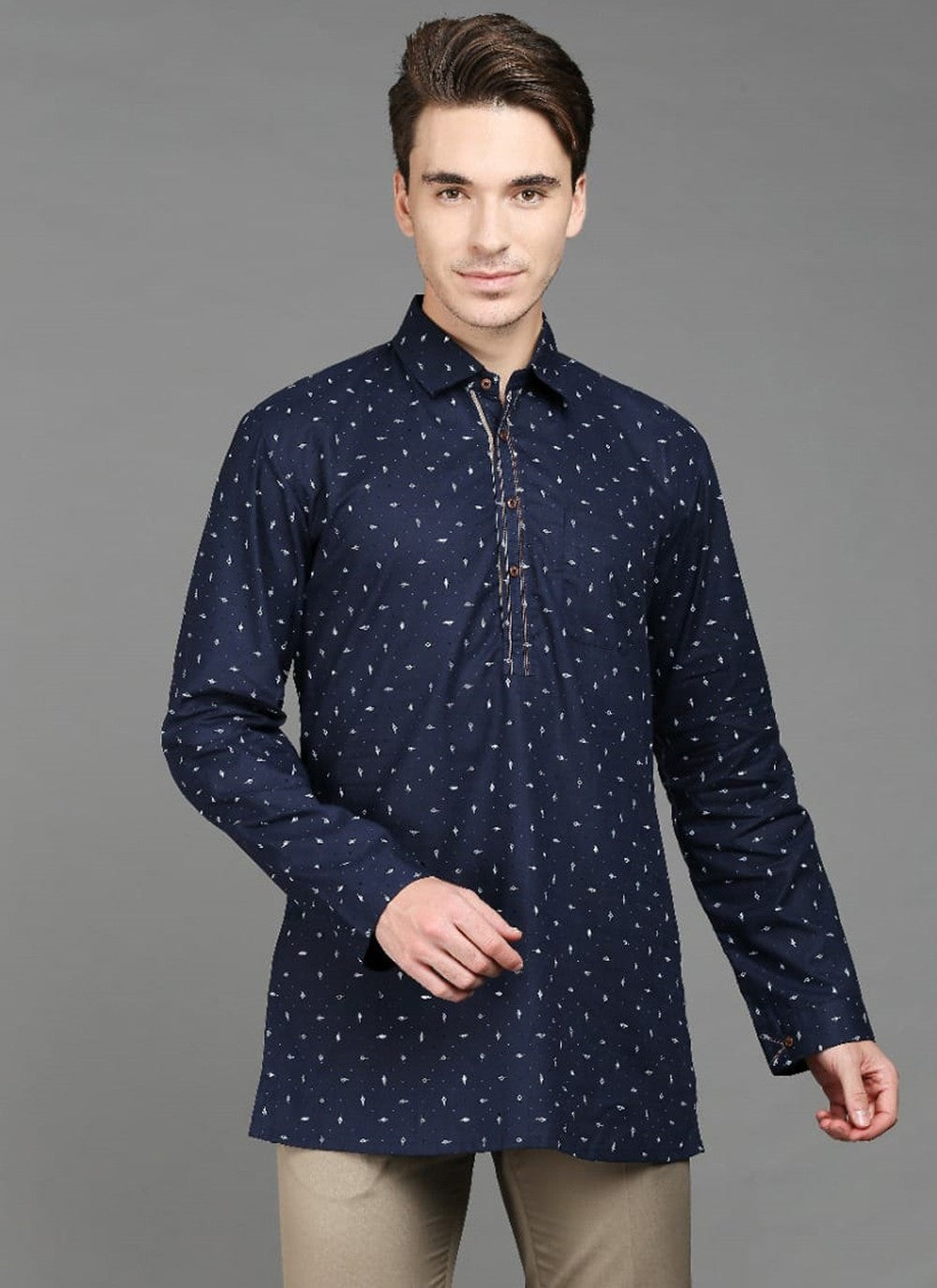 Printed Blended Cotton Navy Blue Short Kurta - M4404