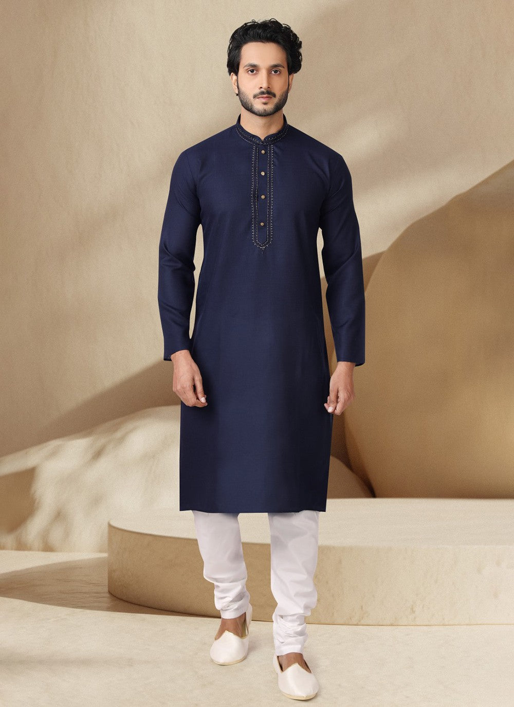 Embroidered Cotton , Rayon Navy Blue Kurta Pyjama - M7006