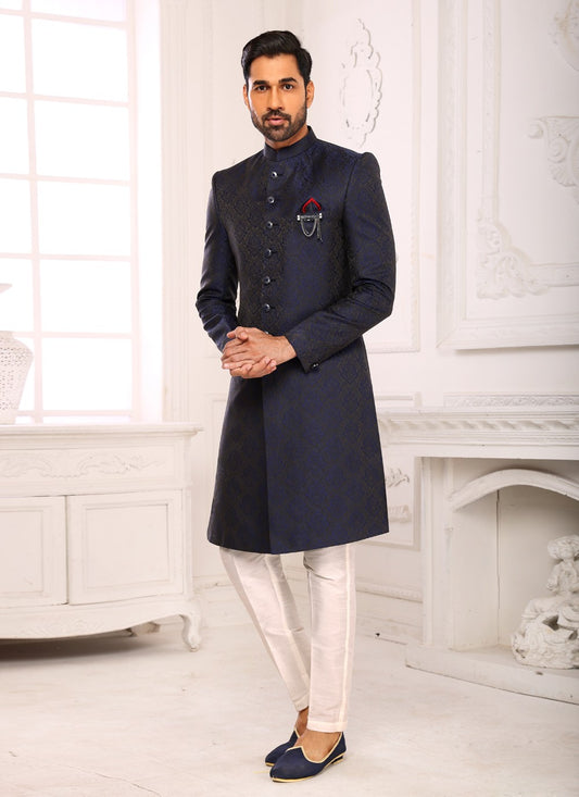 Embroidered Imported, Jacquard Navy Blue Indo Western - M3802