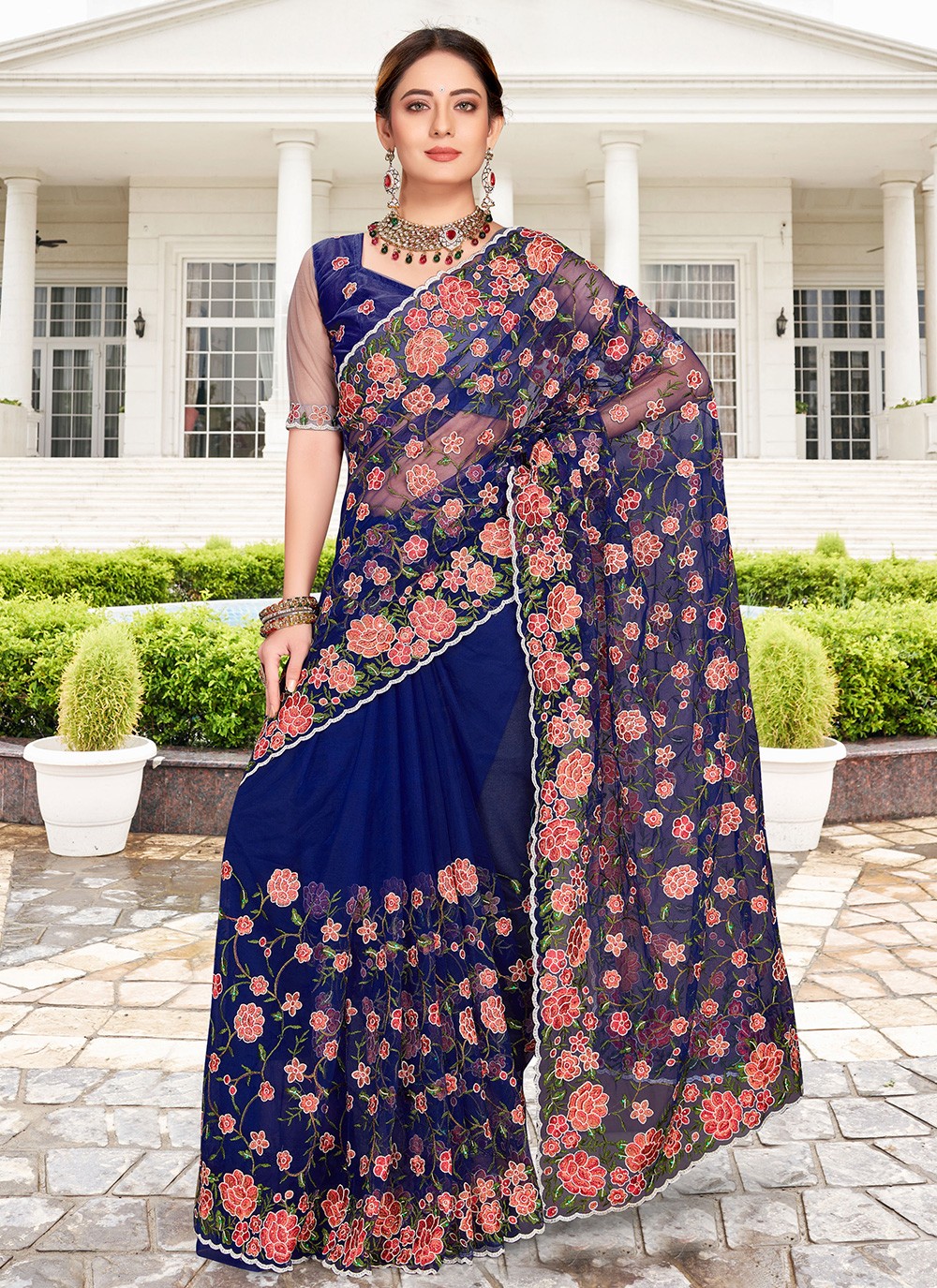 Contemporary Embroidered Net Saree - S2411